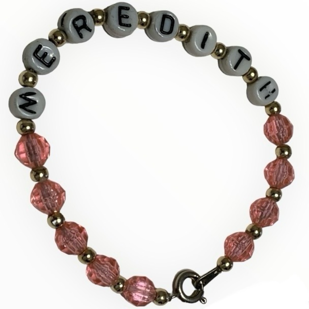 VINTAGE Personalized Beaded Name Bracelet “MEREDITH” PINK GEMSTONES GOLD BEADS